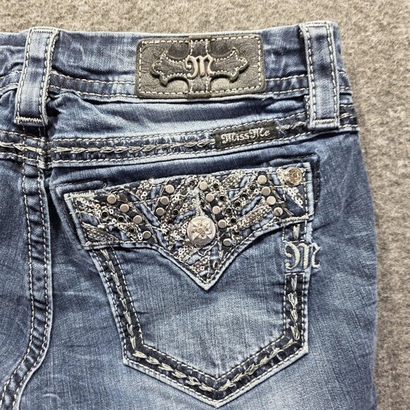 Miss Me Jeans Womens 27 Blue Signature Skinny Embellished Raw Hem *Cut off* - Picture 3 of 10